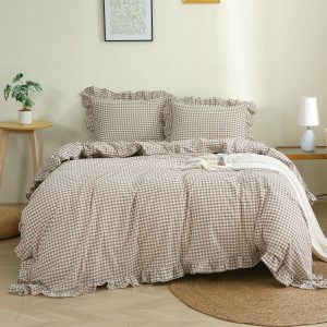 Taupe/White Plaid Ruffle Duvet Cover Queen Size,100% Washed Cotton 3 Pcs Vintage Checkered Chic Gingham Bedding Set Comforter Cover Set