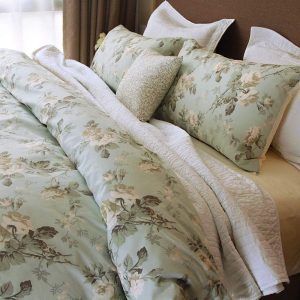 French Country Garden Toile Floral Printed Duvet Quilt Cover Cotton Bedding Set Asian Style Tapestry Pattern Chinoiserie Peony Blossom Tree Branches Multicolored Design (Queen,Mint Green)