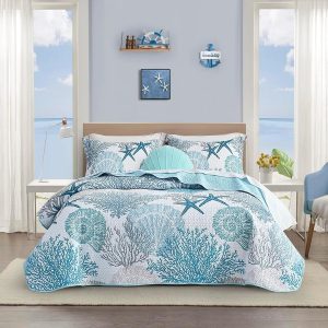 3 Piece Coastal Quilt Sets King Size - Reversible Microfiber Quilts with 2 Shams Soft Lightweight Beach Bedding Nautical Bedspread Coverlet Summer Comforter Set for All Season, 106''x96''