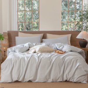Striped Duvet Cover Set 100% Washed Cotton Linen Like Textured Breathable Durable Soft Comfy (Cornflower Blue White Classic Stripes, King 104"x90")