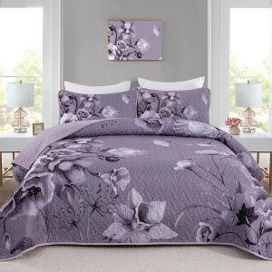 Floral Quilt Set Queen 3 Pieces Dark Purple Boho Flower Quilt Coverlet Set Soft Microfiber Lightweight Floral Quilted Bedspread with 2 Pillow Shams for All Season 90"x96"