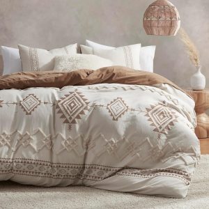 Boho Duvet Cover Set Queen Size, Beige and Terracotta Color Clash 3 Pieces Microfiber Bedding Set, Durable and Super Soft Duvet Covers with Zipper and Ties, 90"*90"