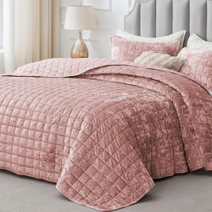 Velvet Quilt Set King Size - Luxury Velvet Comforter Bedding Set 3 Pieces, Soft Cozy Dusty Pink Oversized Bedspread Coverlet Valentines Bedding with 2 Pillow Shams
